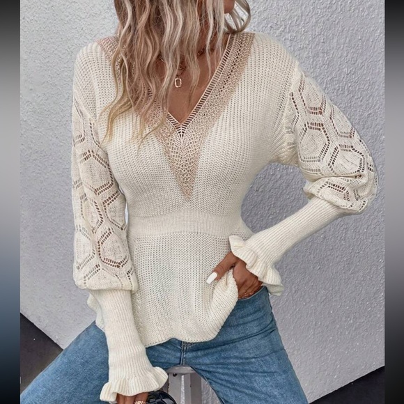 Sheer Mesh Lace Cuff Long Sleeve V -Neck Sweater Top - Picture 1 of 16